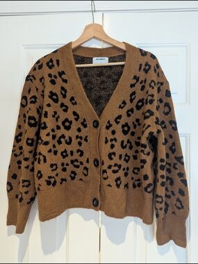 Old Navy Womens Brown Leopard Cheetah Animal Print Button Front Sweater Cardigan
